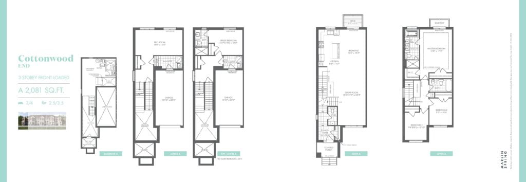 Ivylea Towns Floor Plan of 3-Storey Front Loaded Cottonwood End A